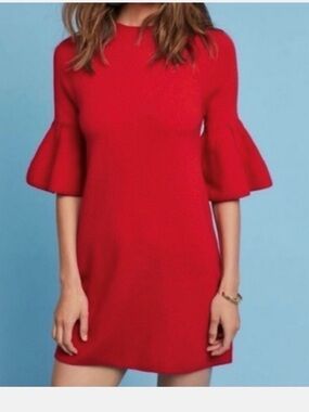 Anthropologie Moth Chester Bell Sleeve Red Mid Length Dress